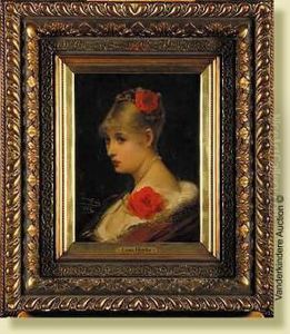 Portrait D'elegante Au Collier De Perles Etaux Roses by Leon Herbo