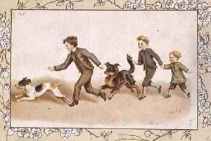 Greetings card depicting children playing with their dogs by Helena J. Maguire