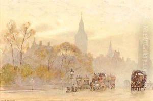 A London street scene at dusk by Herbert Menzies Marshall
