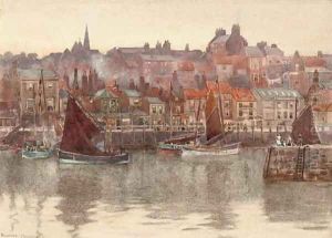 Fishing trawlers in the harbour at Whitby by Herbert Menzies Marshall