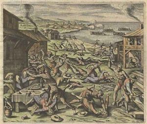 The massacre of the settlers in 1622 plate VII from America Part XIII by Matthaus the Elder Merian