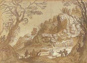 An extensive mountain landscape seen through trees, with peasants and their flocks and travellers on a road beyond by Matthaus the Elder Merian