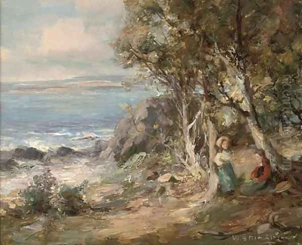 Young girls beside trees overlooking the sea - view 1