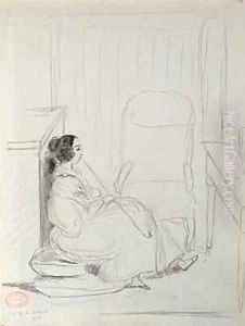 George Sand 1804-76 seated and smoking a pipe 1833 by Alfred de Musset
