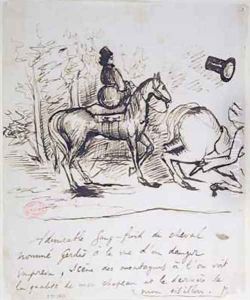George Sands horse displaying sangfroid behind the stumbling horse of Alfred de Musset 1810-57 by Alfred de Musset