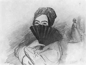 Portrait of George Sand 1804-76 behind her fan by Alfred de Musset