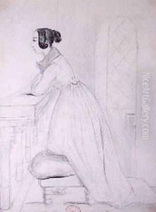 George Sand 1804-76 kneeling on a pouffe and with her elbows on a balustrade 1833