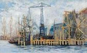 Darstellung Umfangreicher Fundamentarbeiten In Einem Hafen by Heinrich Hermanns