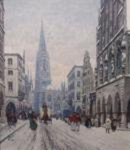 Winterliche Stadtszenerie Mit Pferdekutschen by Heinrich Hermanns