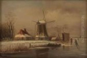 Winterlandschaft Mit Muhlen Undeislaufern