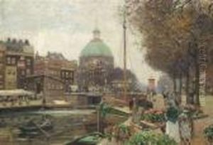 Flower Marketat A Canal Of A Dutch Town by Heinrich Hermanns