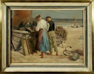 Fischerund Fischerin Beim Netze Flicken Am Strand Von Katwijk by Heinrich Hermanns