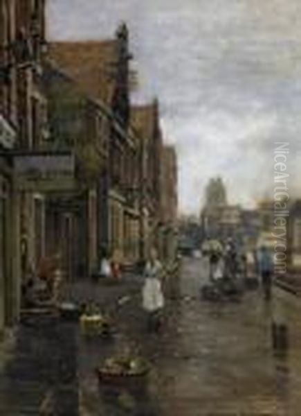 On The Fishmarket In Dordrecht. 
Signed Bottom Right: Heinrich Hermanns. Oil On Canvas. 81 X 60,5cm. 
Framed - view 1