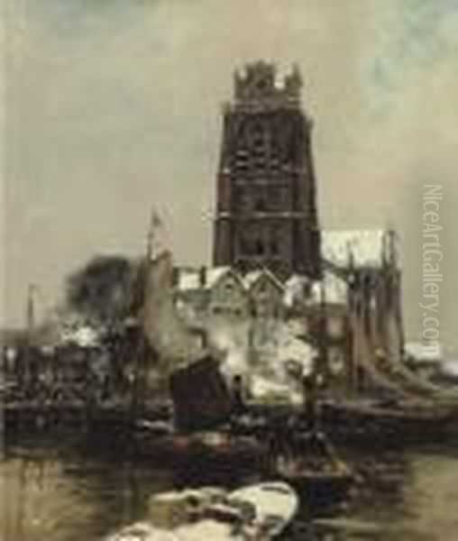 Dordrecht Harbour At Dusk In Winter - view 1
