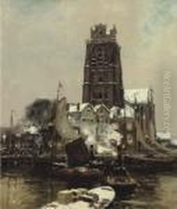 Dordrecht Harbour At Dusk In Winter by Heinrich Hermanns