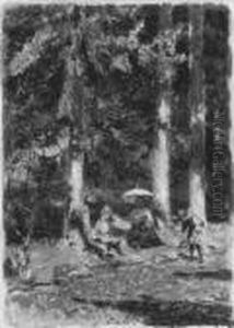 Die Rast Am Waldrand. Signiert
Unten Rechts: H. Hermanns. Ol Auf Leinwand. H 47; B 34,5 Cm. by Heinrich Hermanns