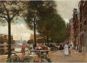A View Of The Flower Market In Amsterdam With The Munt Tower In The Background by Heinrich Hermanns