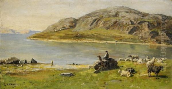 Skargardslandskap Med Vallpojke Och Far - view 1