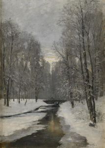 Vinterlandskap Med Bro Over Vattendrag - Smaland by Olof Hermelin