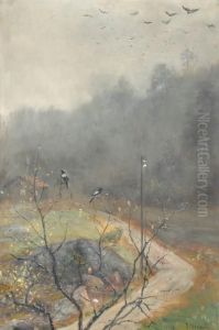 Hostkvall, Krakfaglar Pa Vag Till Nattkvisten. Signerad. Duk, 79x52 by Olof Hermelin