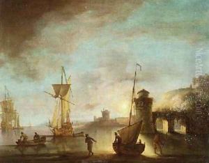 An evening calm with men-o-war at anchor by Peter Monamy