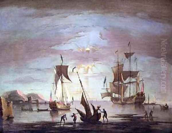 Shipping Becalmed off Shore at Sunset - view 1