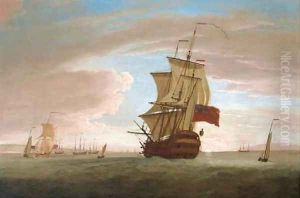 The flagship joining the fleet at its anchorage at sunset, probably the Medway