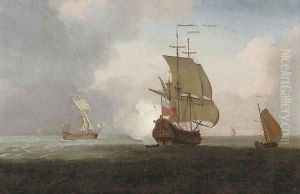 A two-decker announcing her arrival at the anchorage, with an Admiralty yacht running out to meet her by Peter Monamy