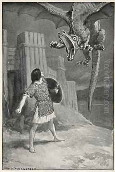 The dragon sank towards him opening its terrible jaws from Hero Myths and Legends of the British Race by MI Ebbutt 1910 - view 1