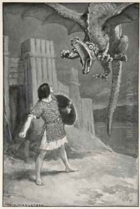 The dragon sank towards him opening its terrible jaws from Hero Myths and Legends of the British Race by MI Ebbutt 1910 by William Henry Margetson