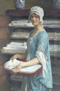 Her Dower A study of a girl arranging linen by William Henry Margetson