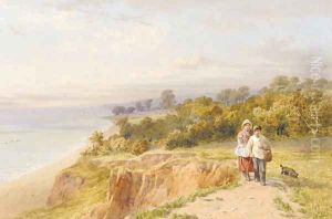 Two children with a dog, on a coastal path, Devon by John Henry Mole