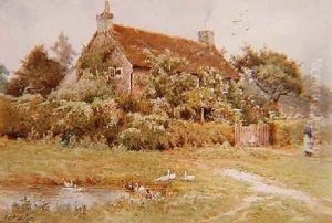 A Woman and Ducks near a Cottage in Summer