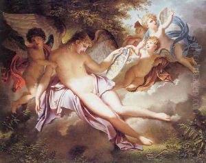 Adolescent Cupid weeping over the portrait of Psyche whom he has lost