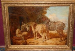 Field Workers Outside A Cottage With Two Plough Horses by John Frederick Herring Snr