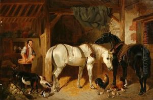 A Stable Interior With Horses, Chickens And A Goat by John Frederick Herring Snr