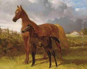Snr A Chestnut Mare And A Foal In A Field by John Frederick Herring Snr