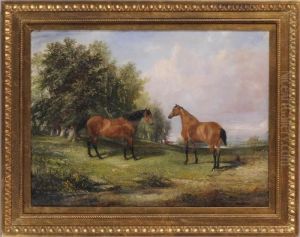 Two Bay Horses In A Meadow by John Frederick Herring Snr