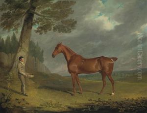A Chestnut Hunter And A Groom In A Wooded Landscape by John Frederick Herring Snr