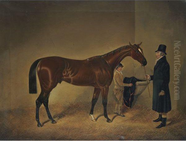 The Famed Racehorse, Sir Tatton Sykes, With His Owner And A Groomin A Loosebox - view 1