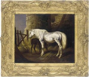 A Grey Mare And Her Foal In A Stable by John Frederick Herring Snr
