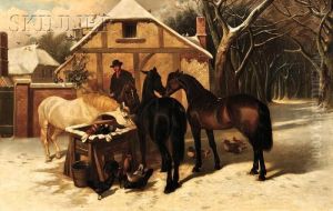 Horses At A Village Watering Trough, Winter by John Frederick Herring Snr