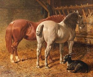 A Chestnut Cob, A Grey Cob And A Goat In Astable Interior by John Frederick Herring Snr