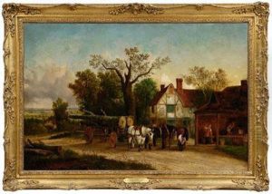 A Logging Wagon, Figures By A Blacksmith's Forge
