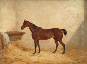 Snr A Bay Hunter In A Stable Interior by John Frederick Herring Snr