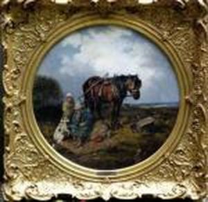 Landscape With Farmersresting With There Dog And Horse by John Frederick Herring Snr