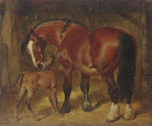 A Mare With Her Foal In A Stable by John Frederick Herring Snr