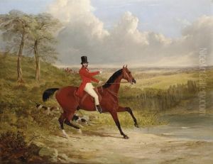 A Gentleman On A Bay Hunter, In An Extensive Landscape, A Stag Huntin Progress Beyond by John Frederick Herring Snr