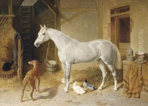A Dappled Grey Horse In A Stable, With A Greyhound, Ducks And Acat
