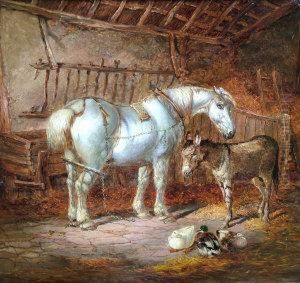 Horse And Donkey And Ducks In A Stable; Oil On Canvas by John Frederick Herring Snr